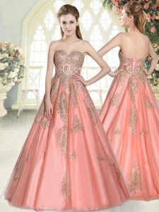 Watermelon Red Sleeveless Appliques Floor Length Homecoming Dress