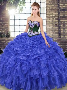 Dramatic Royal Blue Sweetheart Lace Up Embroidery and Ruffles Vestidos de Quinceanera Sweep Train Sleeveless