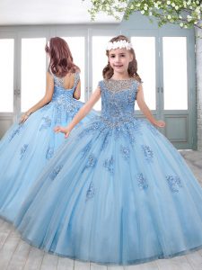 Tulle Scoop Short Sleeves Sweep Train Lace Up Beading and Appliques Little Girl Pageant Dress in Blue