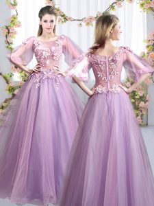 Charming Half Sleeves Zipper Floor Length Appliques Bridesmaid Gown