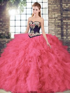 Fashionable Hot Pink Sleeveless Beading and Embroidery Floor Length Quinceanera Dresses
