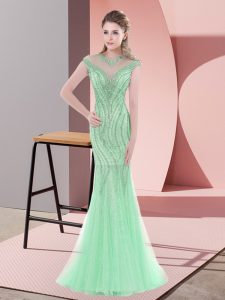 New Style Apple Green Tulle Zipper Scoop Cap Sleeves Evening Dress Sweep Train Beading