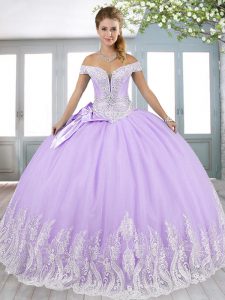 Sophisticated Lavender Ball Gowns Off The Shoulder Sleeveless Tulle Floor Length Lace Up Beading and Appliques and Bowkn
