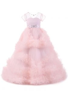 Baby Pink Tulle Backless V-neck Short Sleeves Floor Length Little Girl Pageant Gowns Beading and Ruffles