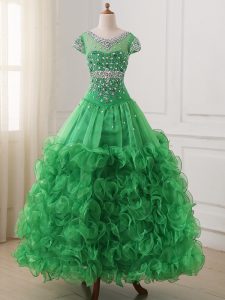New Style Cap Sleeves Lace Up Floor Length Beading and Ruffles Little Girls Pageant Dress