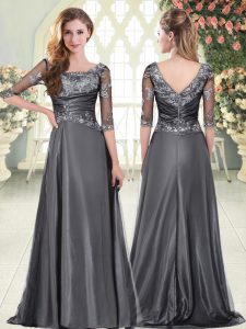 Low Price Half Sleeves Beading and Lace and Appliques Zipper Prom Dresses with Grey