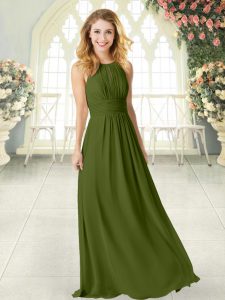 Romantic Olive Green Zipper Scoop Ruching Dress for Prom Chiffon Sleeveless