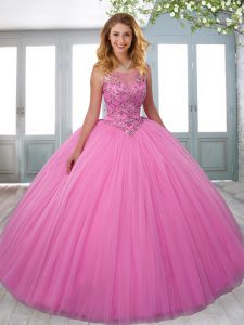 Rose Pink Scoop Zipper Beading Ball Gown Prom Dress Sleeveless