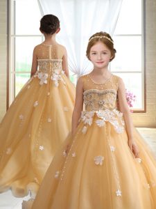 Affordable Gold Little Girls Pageant Dress Wholesale Scoop Sleeveless Brush Train Zipper