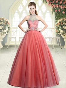 Free and Easy Watermelon Red A-line Tulle Halter Top Sleeveless Beading Floor Length Zipper Prom Evening Gown