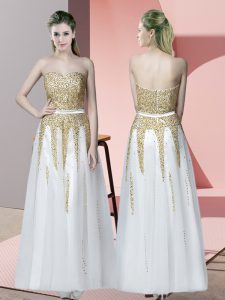 Admirable Sleeveless Tulle Floor Length Zipper Prom Dress in White with Beading