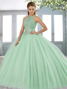 Vintage Sleeveless Beading Lace Up Quinceanera Dresses with Apple Green Sweep Train
