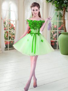 Mini Length Apple Green Prom Dress Tulle Sleeveless Beading and Appliques