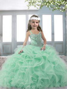 Apple Green Ball Gowns Organza Straps Sleeveless Beading Floor Length Lace Up Little Girl Pageant Gowns