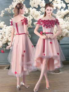 Ideal Short Sleeves High Low Appliques Lace Up Evening Dress with Pink
