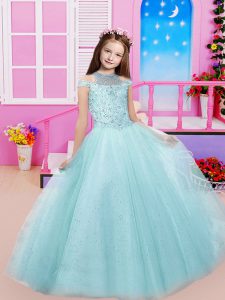 Cheap Aqua Blue Tulle Lace Up Little Girls Pageant Dress Sleeveless Floor Length Beading