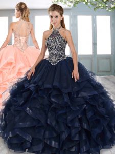 Halter Top Sleeveless Quince Ball Gowns Floor Length Beading and Ruffled Layers Navy Blue Tulle