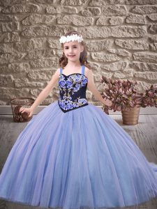 Lilac Straps Neckline Beading and Embroidery Pageant Dress for Girls Sleeveless Lace Up