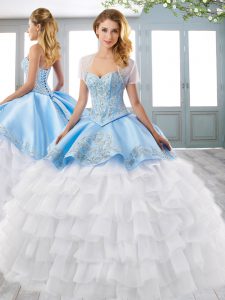 Stylish Lace Up 15 Quinceanera Dress Blue And White for Military Ball and Sweet 16 and Quinceanera with Beading and Embr