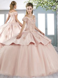 Custom Made Baby Pink Ball Gowns Beading and Appliques 15 Quinceanera Dress Lace Up Tulle Short Sleeves Floor Length