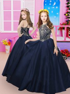 Most Popular Navy Blue Sleeveless Satin Sweep Train Lace Up Little Girls Pageant Dress Wholesale for Party and Wedding P