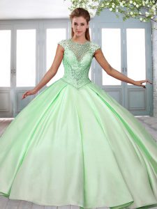 Apple Green Ball Gowns Scoop Cap Sleeves Satin Sweep Train Lace Up Beading Sweet 16 Dress