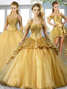 Decent Gold Spaghetti Straps Lace Up Beading and Appliques Sweet 16 Dresses Sweep Train Sleeveless