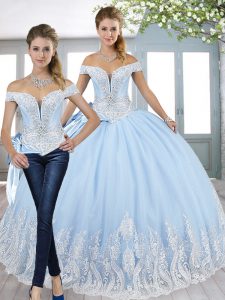 Luxury Off The Shoulder Sleeveless Tulle Vestidos de Quinceanera Beading and Appliques and Bowknot Lace Up