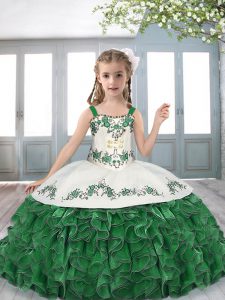 Green Ball Gowns Straps Sleeveless Organza Floor Length Lace Up Beading and Embroidery and Ruffles Little Girls Pageant 