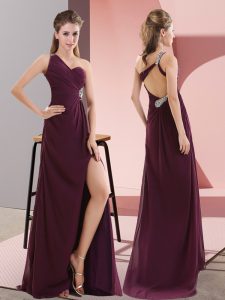 Dark Purple Satin Backless One Shoulder Sleeveless Prom Gown Sweep Train Beading and Lace