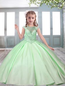 Wonderful Light Blue Pageant Dresses Party and Wedding Party with Beading Scoop Cap Sleeves Sweep Train Lace Up