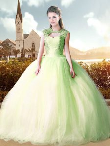 Top Selling Yellow Green Tulle Lace Up High-neck Cap Sleeves Floor Length Ball Gown Prom Dress Beading