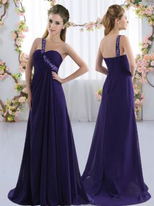 Modest Sleeveless Beading Lace Up Quinceanera Court Dresses with Purple Brush Train