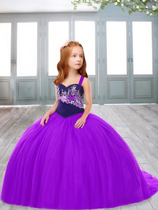 Embroidery Little Girls Pageant Gowns Purple Lace Up Sleeveless Sweep Train