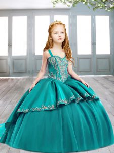 Lovely Teal Sleeveless Sweep Train Embroidery Pageant Dress for Girls