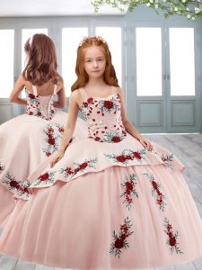 Excellent Pink Lace Up Pageant Gowns For Girls Embroidery Sleeveless Sweep Train
