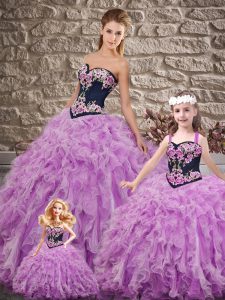 Lilac Ball Gowns Organza Sweetheart Sleeveless Embroidery and Ruffles Lace Up Quinceanera Gown Sweep Train