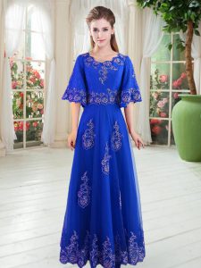 Royal Blue A-line Lace Prom Dresses Lace Up Tulle Half Sleeves Floor Length