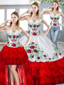Sexy White And Red Ball Gowns Beading and Embroidery and Ruffled Layers Ball Gown Prom Dress Lace Up Organza Sleeveless 