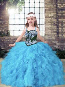 Baby Blue Lace Up Little Girls Pageant Dress Embroidery and Ruffles Sleeveless Floor Length
