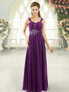 Superior Dark Purple Empire Spaghetti Straps Sleeveless Chiffon Floor Length Lace Up Beading and Ruching Evening Dress