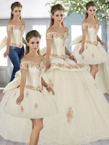 Floor Length Champagne 15 Quinceanera Dress Off The Shoulder Short Sleeves Lace Up
