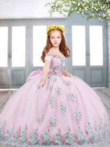Fantastic Lilac Ball Gowns Halter Top Short Sleeves Tulle Floor Length Lace Up Appliques and Bowknot Little Girl Pageant