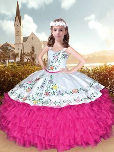 Pink And White Sleeveless Organza Lace Up Little Girls Pageant Dress for Party and Wedding Party