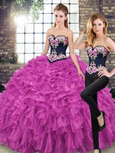 Noble Fuchsia Lace Up Quinceanera Dresses Embroidery and Ruffles Sleeveless Sweep Train