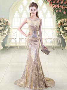 Modern Gold Mermaid Scoop Sleeveless Sequined Brush Train Zipper Beading Evening Dress