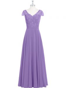Lavender Scalloped Neckline Lace Prom Evening Gown Cap Sleeves Zipper