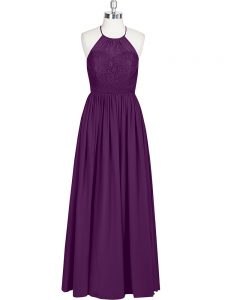 Sleeveless Chiffon Floor Length Zipper Prom Dress in Eggplant Purple with Lace