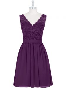 Fine Purple A-line Chiffon Scalloped Sleeveless Lace Mini Length Zipper Prom Party Dress