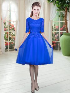 Tulle Scoop Half Sleeves Lace Up Lace Evening Dress in Royal Blue